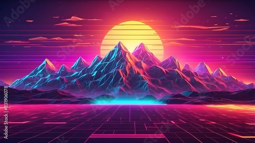 The futuristic neon retrowave background comes with a set of glowing outrun sun illustrations, accompanied by a retro grid wireframe mountain terrain and low poly grid wireframe landscape