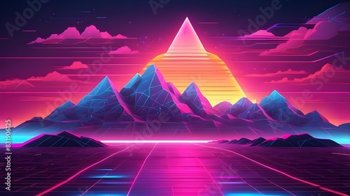 The futuristic neon retrowave background comes with a set of glowing outrun sun illustrations, accompanied by a retro grid wireframe mountain terrain and low poly grid wireframe landscape