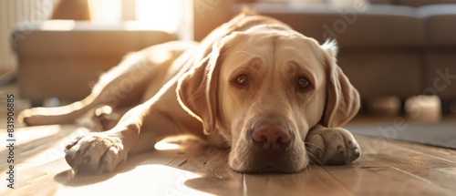 A lazy dog bathes in sunlight on a cozy home floor, exuding calmness.
