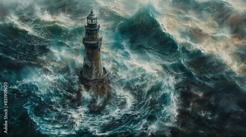 Stormy ocean waves surround a resilient lighthouse, showcasing the power and beauty of nature. A dramatic scene of survival and strength.