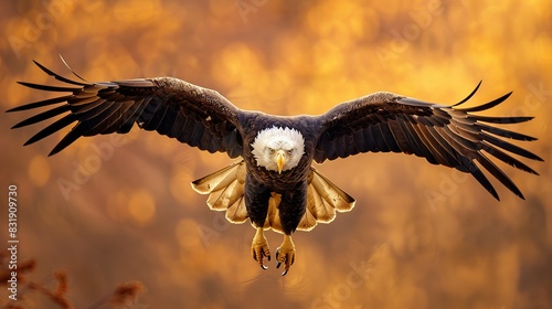 front view shot of a bald eagle flying with open claws in a golden clear sky. copy space for text.