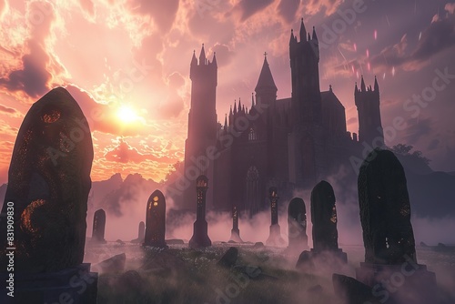 Capture a time-lapse fantasy of a majestic castle rising from the ground, surrounded by mystical fog and glowing runes