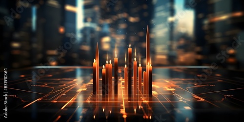 Abstract futuristic triple arrow candlestick chart on digital technology background. Concept Futuristic design, Arrow candlesticks, Digital technology, Abstract background