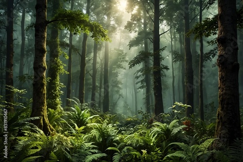 NetZero Carbon Forest: Lush Biodiversity with Diverse Trees, Wildlife, and Sustainable Ecology