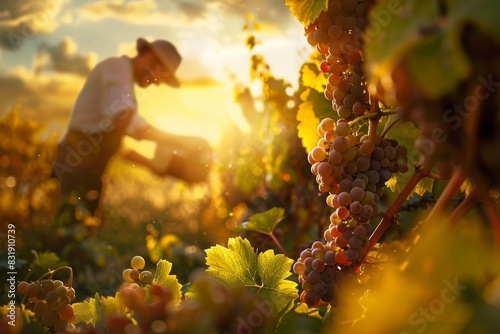 Sunset vineyard scene with a farmer harvesting ripe grapes, bathed in golden light, showcasing nature's beauty and agricultural work.