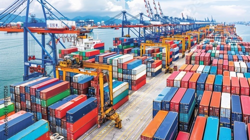 A large number of containers are stacked on top of each other in a port. The containers are of various sizes and colors, and they are all piled up in a row. Concept of busyness and activity