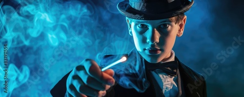 A mystic magician in a top hat performing a magic trick with a glowing wand amidst blue smoke