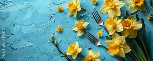 Yellow daffodil flowers and silver forks on a textured blue background, creating a vibrant and cheerful still life composition.