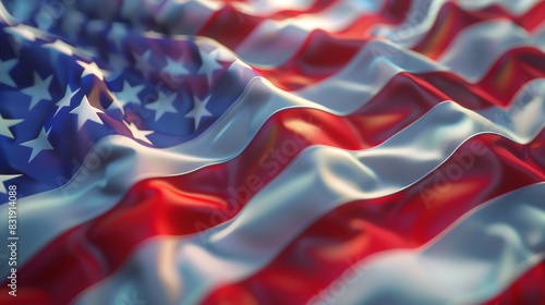 Close-up of a vibrant waving American flag, highlighting the stars and stripes. Perfect for patriotic themes and national celebrations.