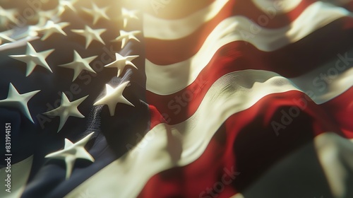 Close-up of the American flag waving with sunlight creating a beautiful texture and symbolism of patriotism and freedom.