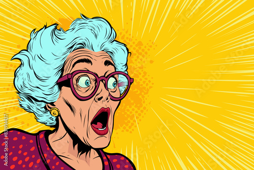 Amazed grandmother. Old, gray-haired woman in glasses and looking with surprising. Unbelievable news, big sale concept in pop art retro comic style