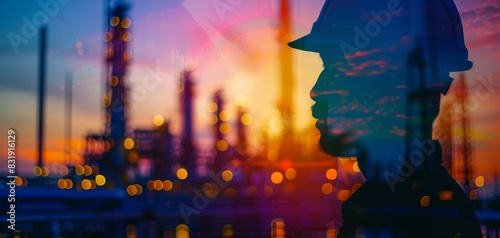 Quality control in oil refinery close up, focus on, copy space, vibrant colors, Double exposure silhouette with testing tools