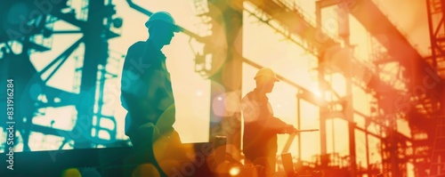 Industrial workers at conveyor belt close up, focus on, copy space, vibrant colors, Double exposure silhouette with tools