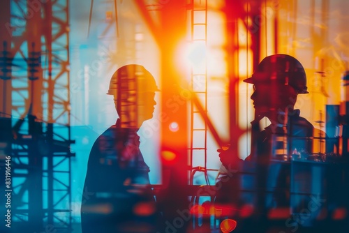 Maintenance workers in industrial site close up, focus on, copy space, vibrant colors, Double exposure silhouette with repair tools