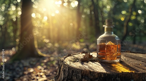 Shot of whiskey on an oak barrel, oak forest in the background, oak bark on the barrel, light brown tone, visual depth to the scene, cinematic light. copy space for text.