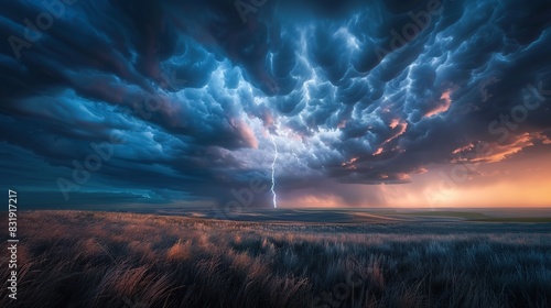 A single lightning bolt coming from the ominous clouds over the rolling flint hills of Kansas. Natural Geographic style. Thei lightning bolt is intense and bright. The sky is moody and colorful.
