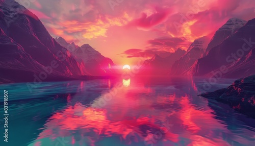 Create a surreal, vibrant sunset over a crystal lake with neon mountains in the background, digitally rendered in photorealistic detail