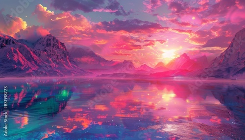 Create a surreal, vibrant sunset over a crystal lake with neon mountains in the background, digitally rendered in photorealistic detail