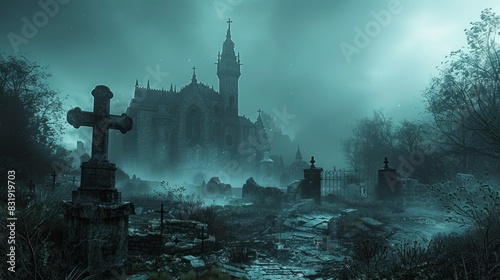 Dark and eerie 3D illustration of gothic horror settings, featuring haunted castles, mist-covered graveyards, and looming shadows, evoking a sense of dread and foreboding in a cinematic 16:9 aspect