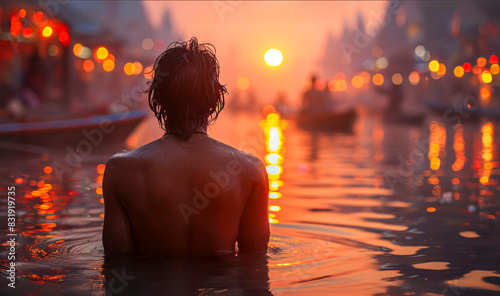 An indian man bathing in river ganges.