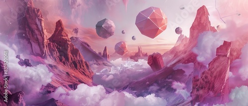 Craft a surreal landscape scene featuring floating geometric shapes in a dreamy pastel color scheme, blending traditional watercolor techniques with digital enhancements