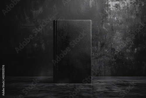 black book standing in inky black darkness, black background