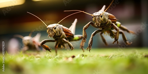 Dynamic closeup shot captures grasshoppers in soccer jerseys leaping across field. Concept Wildlife Photography, Sports Themed Shoot, Close-up Capture, Dynamic Movement, Grasshoppers in Action