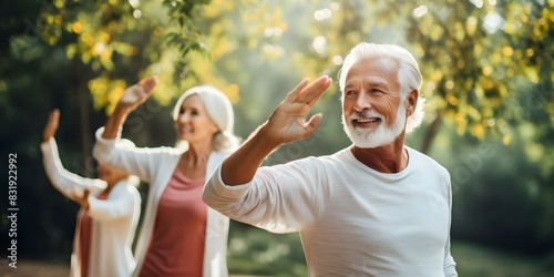 Elderly individuals practicing tai chi in a park. Concept Health and Wellness, Senior Activities, Tai Chi Practice, Park Lifestyle, Mindful Movement