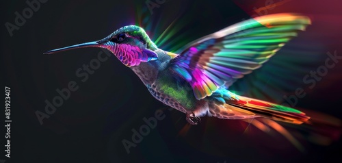 Design a holographic representation of a colorful hummingbird in mid-flight, shining with iridescence