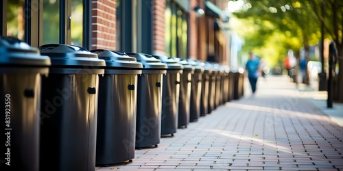 Row of contemporary recycling bins on city sidewalk. Concept Recycling Bins, City Sidewalk, Contemporary Design, Urban Environment, Environmental Conservation