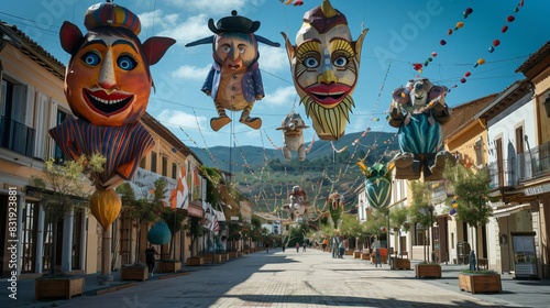 A peaceful town square decorated with giant puppets for a vibrant cultural puppetry festival.