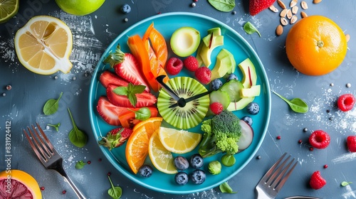 Brightly colored food and silverware arranged on a platter in the shape of a clock. Lunchtime concept, diet, weight loss, and intermittent fasting