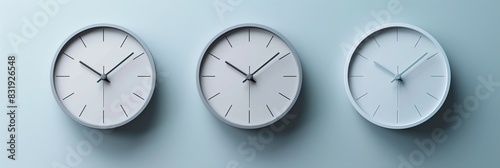 Neumorphic timepieces against a pale backdrop. Vector neumorphism with three clock faces.