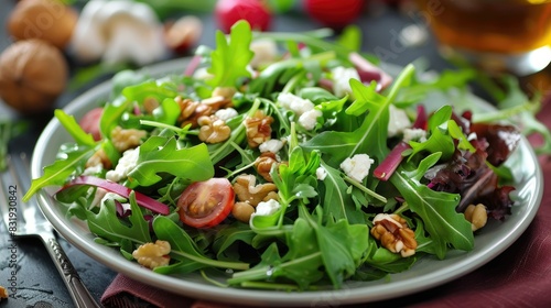 Gourmet mixed salad with arugula, roasted nuts, and goat cheese, elegantly plated for a health-conscious diner