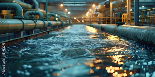 Industrial wastewater flows through pipes into treatment plant for proper disposal. Concept Wastewater Treatment, Industrial Process, Environmental Protection