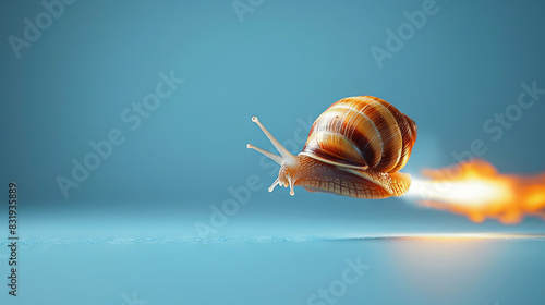 Snail flying fast with rocket shell, blue background