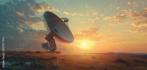 Large satellite dish pointed at the sky during a beautiful sunset in a vast open field, capturing cosmic signals and communication.