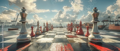 Giant chessboard with life-size pieces set up outdoors against a scenic harbor backdrop under a bright, blue sky with puffy clouds.