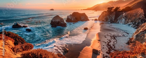 A captivating view of coastal cliffs bathed in warm sunlight, the sea's turquoise waves gently lapping against the shore