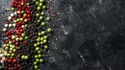 black, red, green and white peppercorns on black marble background. copy space, place for text