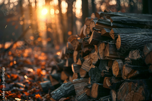 a pile of firewood in the woods