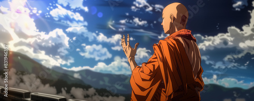 anime image of a monk in orange robes standing in front of a mountain
