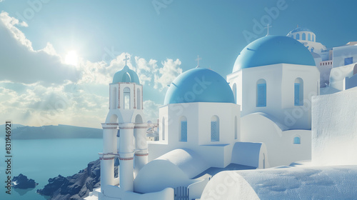 there are many white buildings with blue domes on the top of them
