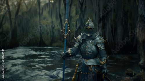 there is a man in armor holding a spear in a river