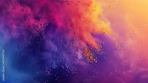 Holi Powder festival background. Explosion of colored powder isolated on black background, top view