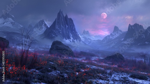 A surreal, otherworldly terrain stretches out under a dusky sky, with jagged peaks and glowing flora dotting the landscape.