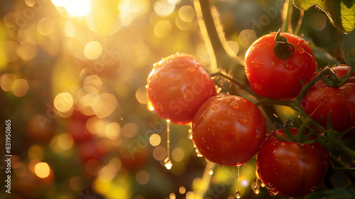tomatoes hanging from a tree with water droplets on them