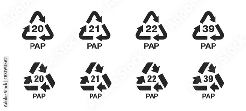 Set of paper recycle icon collection isolated on a transparent background. Ecological codes marks and zero-waste mindset. Set of recycling symbols for paper. Vector illustration