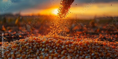 Corn being poured onto a growing pile at sunset in rural field. Concept Agriculture, Harvesting, Farming, Rural Life, Golden Hour