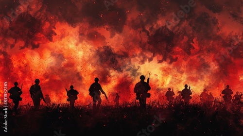 group of soldiers are walking through a city with a lot of fire and smoke fire red color background watercolor illustration